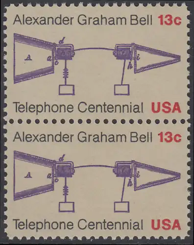 USA Michel 1253 / Scott 1683 postfrisch vert.PAAR - 100 Jahre Telefon, Schemazeichnung des Telefons von Alexander Graham Bell