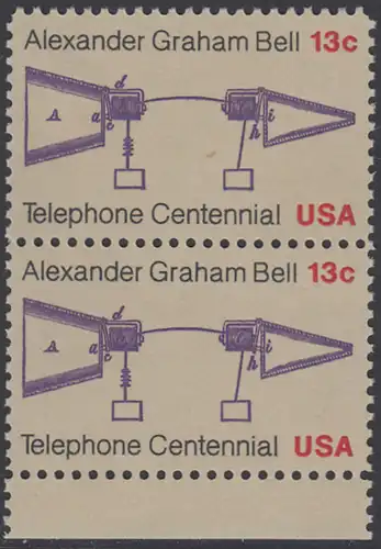 USA Michel 1253 / Scott 1683 postfrisch vert.PAAR RAND unten - 100 Jahre Telefon, Schemazeichnung des Telefons von Alexander Graham Bell