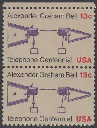USA Michel 1253 / Scott 1683 postfrisch vert.PAAR RAND oben - 100 Jahre Telefon, Schemazeichnung des Telefons von Alexander Graham Bell