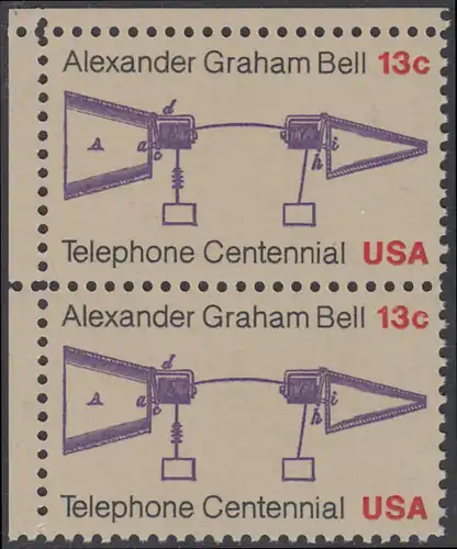 USA Michel 1253 / Scott 1683 postfrisch vert.PAAR ECKRAND oben links - 100 Jahre Telefon, Schemazeichnung des Telefons von Alexander Graham Bell