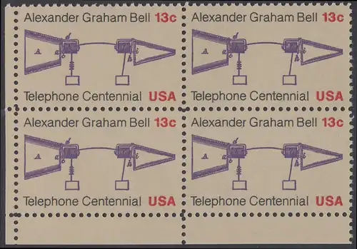 USA Michel 1253 / Scott 1683 postfrisch BLOCK ECKRAND unten links - 100 Jahre Telefon, Schemazeichnung des Telefons von Alexander Graham Bell