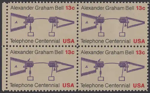 USA Michel 1253 / Scott 1683 postfrisch BLOCK RÄNDER links - 100 Jahre Telefon, Schemazeichnung des Telefons von Alexander Graham Bell