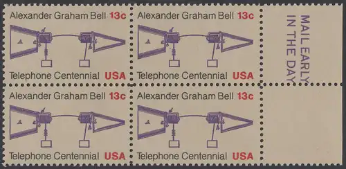 USA Michel 1253 / Scott 1683 postfrisch BLOCK RÄNDER rechts m/ Mail Early Vermerk - 100 Jahre Telefon, Schemazeichnung des Telefons von Alexander Graham Bell