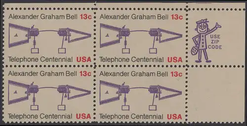 USA Michel 1253 / Scott 1683 postfrisch ZIP-BLOCK (ur) - 100 Jahre Telefon, Schemazeichnung des Telefons von Alexander Graham Bell