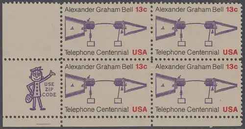USA Michel 1253 / Scott 1683 postfrisch ZIP-BLOCK (ll) - 100 Jahre Telefon, Schemazeichnung des Telefons von Alexander Graham Bell