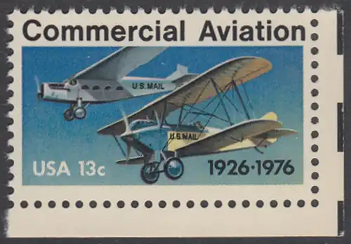 USA Michel 1254 / Scott 1684 postfrisch EINZELMARKE ECKRAND unten rechts - 50 Jahre kommerzieller Luftpostdienst; Flugzeuge der Typen Stout Air Pullman und Laird Swallow