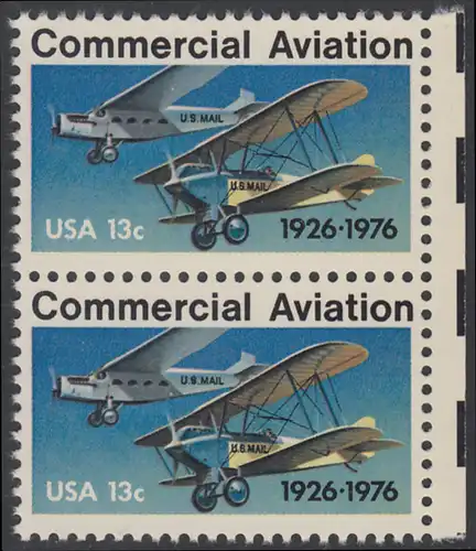 USA Michel 1254 / Scott 1684 postfrisch vert.PAAR RÄNDER rechts - 50 Jahre kommerzieller Luftpostdienst; Flugzeuge der Typen Stout Air Pullman und Laird Swallow