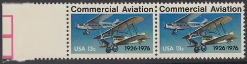 USA Michel 1254 / Scott 1684 postfrisch horiz.PAAR RAND links - 50 Jahre kommerzieller Luftpostdienst; Flugzeuge der Typen Stout Air Pullman und Laird Swallow