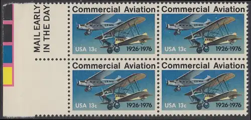 USA Michel 1254 / Scott 1684 postfrisch BLOCK RÄNDER links m/ Mail Early-Vermerk - 50 Jahre kommerzieller Luftpostdienst; Flugzeuge der Typen Stout Air Pullman und Laird Swallow