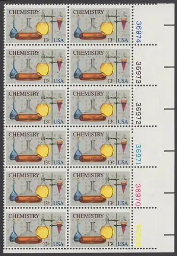 USA Michel 1255 / Scott 1685 postfrisch vert-PLATEBLOCK(12) ECKRAND unten rechts m/ Platten-# 36969 - 100 Jahre Amerikanische Chemiegesellschaft; Laborgefäße vor Lochstreifen