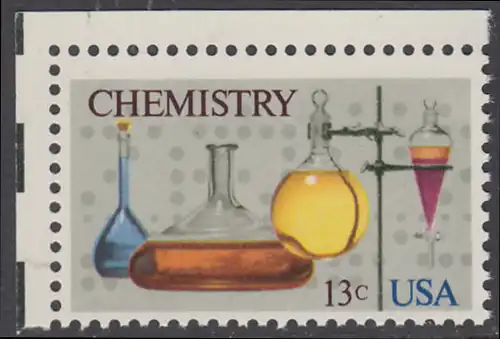 USA Michel 1255 / Scott 1685 postfrisch EINZELMARKE ECKRAND oben links - 100 Jahre Amerikanische Chemiegesellschaft; Laborgefäße vor Lochstreifen