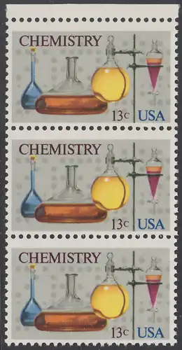 USA Michel 1255 / Scott 1685 postfrisch vert.STRIP(3) RAND oben - 100 Jahre Amerikanische Chemiegesellschaft; Laborgefäße vor Lochstreifen