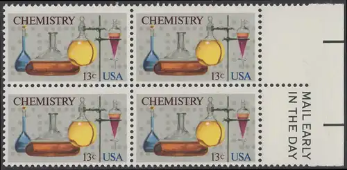 USA Michel 1255 / Scott 1685 postfrisch BLOCK RÄNDER rechts m/ Mail Early-Vermerk - 100 Jahre Amerikanische Chemiegesellschaft; Laborgefäße vor Lochstreifen