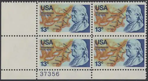 USA Michel 1277 / Scott 1690 postfrisch PLATEBLOCK ECKRAND unten links m/ Platten-# 37356 - Unabhängigkeit der Vereinigten Staaten von Amerika: Benjamin Franklin (1706-1790), 1. Generalpostmeister für Kanada und die USA, Politiker; Landkarte von...