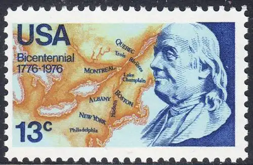 USA Michel 1277 / Scott 1690 postfrisch EINZELMARKE (a1) - Unabhängigkeit der Vereinigten Staaten von Amerika: Benjamin Franklin (1706-1790), 1. Generalpostmeister für Kanada und die USA, Politiker; Landkarte von Nordamerika