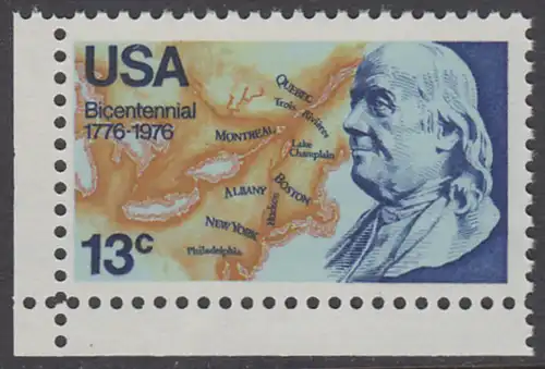 USA Michel 1277 / Scott 1690 postfrisch EINZELMARKE ECKRAND unten links - Unabhängigkeit der Vereinigten Staaten von Amerika: Benjamin Franklin (1706-1790), 1. Generalpostmeister für Kanada und die USA, Politiker; Landkarte von Nordamerika