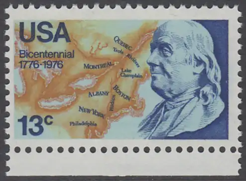 USA Michel 1277 / Scott 1690 postfrisch EINZELMARKE RAND unten - Unabhängigkeit der Vereinigten Staaten von Amerika: Benjamin Franklin (1706-1790), 1. Generalpostmeister für Kanada und die USA, Politiker; Landkarte von Nordamerika