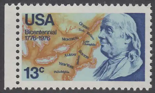 USA Michel 1277 / Scott 1690 postfrisch EINZELMARKE RAND links - Unabhängigkeit der Vereinigten Staaten von Amerika: Benjamin Franklin (1706-1790), 1. Generalpostmeister für Kanada und die USA, Politiker; Landkarte von Nordamerika