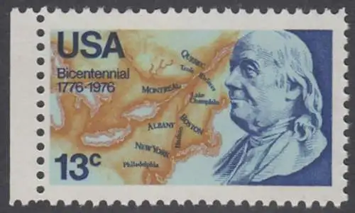 USA Michel 1277 / Scott 1690 postfrisch EINZELMARKE RAND links (a1) - Unabhängigkeit der Vereinigten Staaten von Amerika: Benjamin Franklin (1706-1790), 1. Generalpostmeister für Kanada und die USA, Politiker; Landkarte von Nordamerika