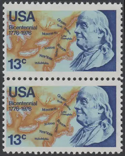 USA Michel 1277 / Scott 1690 postfrisch vert.PAAR - Unabhängigkeit der Vereinigten Staaten von Amerika: Benjamin Franklin (1706-1790), 1. Generalpostmeister für Kanada und die USA, Politiker; Landkarte von Nordamerika