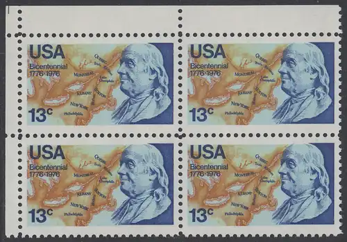 USA Michel 1277 / Scott 1690 postfrisch BLOCK ECKRAND oben links - Unabhängigkeit der Vereinigten Staaten von Amerika: Benjamin Franklin (1706-1790), 1. Generalpostmeister für Kanada und die USA, Politiker; Landkarte von Nordamerika