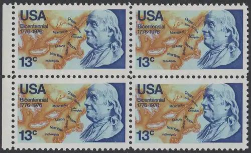 USA Michel 1277 / Scott 1690 postfrisch BLOCK RÄNDER links - Unabhängigkeit der Vereinigten Staaten von Amerika: Benjamin Franklin (1706-1790), 1. Generalpostmeister für Kanada und die USA, Politiker; Landkarte von Nordamerika