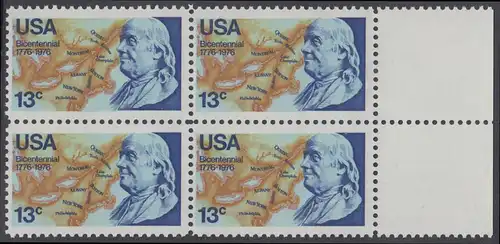 USA Michel 1277 / Scott 1690 postfrisch BLOCK RÄNDER rechts - Unabhängigkeit der Vereinigten Staaten von Amerika: Benjamin Franklin (1706-1790), 1. Generalpostmeister für Kanada und die USA, Politiker; Landkarte von Nordamerika