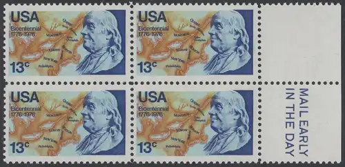 USA Michel 1277 / Scott 1690 postfrisch BLOCK RÄNDER rechts m/ Mail Early-Vermerk - Unabhängigkeit der Vereinigten Staaten von Amerika: Benjamin Franklin (1706-1790), 1. Generalpostmeister für Kanada und die USA, Politiker; Landkarte von Nordamerika