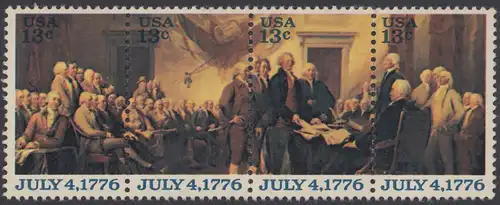 USA Michel 1278-1281 / Scott 1691-1694 postfrisch horiz.BLOCK(4) - 200 Jahre Unabhängigkeit der Vereinigten Staaten von Amerika: Nationalfeiertag; Unterzeichnung der Unabhängigkeitserklärung am 4. Juli 1776 in Philadelphia