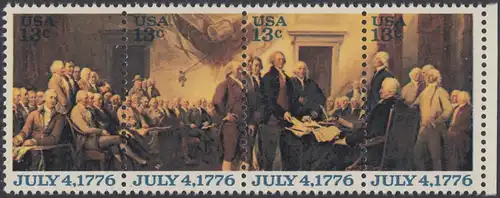 USA Michel 1278-1281 / Scott 1691-1694 postfrisch horiz.BLOCK(4) RAND rechts - 200 Jahre Unabhängigkeit der Vereinigten Staaten von Amerika: Nationalfeiertag; Unterzeichnung der Unabhängigkeitserklärung am 4. Juli 1776 in Philadelphia