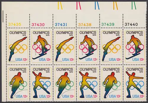 USA Michel 1282-1285 / Scott 1695-1698 postfrisch horiz.PLATEBLOCKRAND(12) ECKRAND oben links m/ Platten-# 37435 - Olympische Spiele 1976, Innsbruck und Montreal