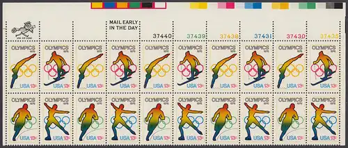 USA Michel 1282-1285 / Scott 1695-1698 postfrisch horiz.PLATEBLOCKRAND(20) ECKRAND oben rechts m/ Platten-# 37435 - Olympische Spiele 1976, Innsbruck und Montreal
