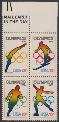 USA Michel 1282-1285 / Scott 1695-1698 postfrisch BLOCK RÄNDER oben m/ Mail Early-Vermerk (a1) - Olympische Spiele 1976, Innsbruck und Montreal