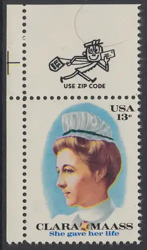 USA Michel 1286 / Scott 1699 postfrisch EINZELMARKE ECKRAND oben links m/ ZIP-Emblem - Clara Maass, Krankenschwester