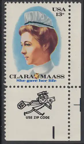 USA Michel 1286 / Scott 1699 postfrisch EINZELMARKE ECKRAND unten rechts m/ ZIP-Emblem - Clara Maass, Krankenschwester