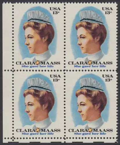 USA Michel 1286 / Scott 1699 postfrisch BLOCK ECKRAND unten links - Clara Maass, Krankenschwester