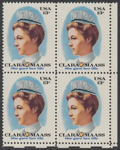 USA Michel 1286 / Scott 1699 postfrisch BLOCK ECKRAND unten rechts - Clara Maass, Krankenschwester