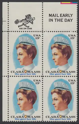 USA Michel 1286 / Scott 1699 postfrisch ZIP-BLOCK (ul) - Clara Maass, Krankenschwester