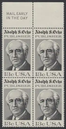 USA Michel 1287 / Scott 1700 postfrisch BLOCK RÄNDER oben m/ Mail Early-Vermerk - 125 Jahre Zeitung „New York Times“; Adolph S. Ochs, Journalist und Verleger