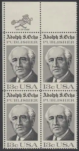 USA Michel 1287 / Scott 1700 postfrisch ZIP-BLOCK (ul) - 125 Jahre Zeitung „New York Times“; Adolph S. Ochs, Journalist und Verleger