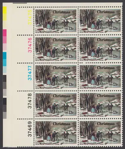 USA Michel 1288 / Scott 1702 postfrisch vert.PLATEBLOCK(10) ECKRAND oben links m/ Platten-# 37475 - Weihnachten; Winterfreuden 