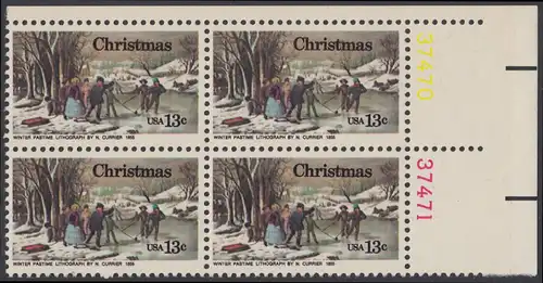 USA Michel 1288 / Scott 1702 postfrisch BLOCK ECKRAND oben rechts m/ Platten-# 37470 - Weihnachten; Winterfreuden 