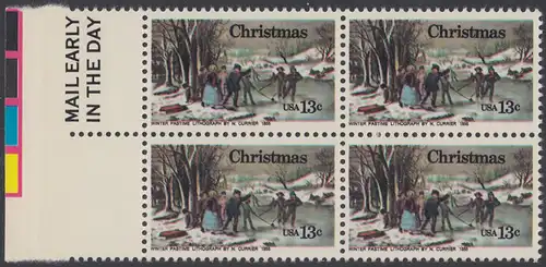 USA Michel 1288 / Scott 1702 postfrisch BLOCK RÄNDER links m/ Mail Early-Vermerk - Weihnachten; Winterfreuden 