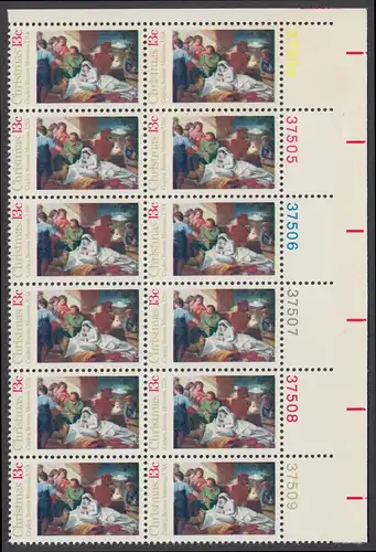 USA Michel 1289 / Scott 1701 postfrisch vert.PLATEBLOCK(12) ECKRAND oben rechts m/ Platten-# 37504 - Weihnachten; Geburt Christi 