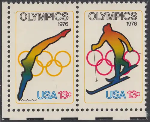 USA Michel 1284-1285 / Scott 1695-1696 postfrisch horiz.PAAR ECKRAND unten links - Olympische Spiele 1976, Innsbruck und Montreal