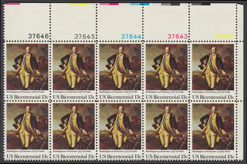USA Michel 1291 / Scott 1704 postfrisch horiz.PLATEBLOCK(10) ECKRAND oben rechts m/ Platten-# 37642 - Unabhängigkeit der Vereinigten Staaten von Amerika (1976): Schlacht von Princeton, General George Washington