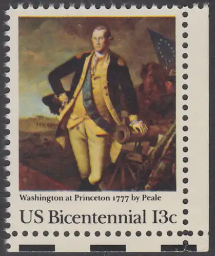 USA Michel 1291 / Scott 1704 postfrisch EINZELMARKE ECKRAND unten rechts - Unabhängigkeit der Vereinigten Staaten von Amerika (1976): Schlacht von Princeton, General George Washington