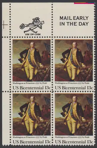 USA Michel 1291 / Scott 1704 postfrisch ZIP-BLOCK (ul) - Unabhängigkeit der Vereinigten Staaten von Amerika (1976): Schlacht von Princeton, General George Washington