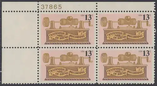 USA Michel 1293 / Scott 1705 postfrisch PLATEBLOCK ECKRAND oben links m/ Platten-# 37865 - 100. Jahrestag der ersten Tonaufnahme: Phonograph