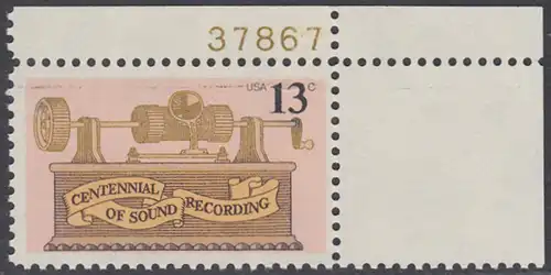 USA Michel 1293 / Scott 1705 postfrisch EINZELMARKE ECKRAND oben rechts m/ Platten-# 37867 - 100. Jahrestag der ersten Tonaufnahme: Phonograph